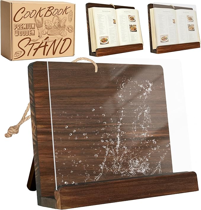 Cookbook Stand for Kitchen Counter, Acrylic Shield Recipe Book Holder, Wooden Cookbook Holder,Adjustable Easily Keep Books Open for Convenient Cooking, iPads Tablets, Retro Kitchen Decor Rustic Brown