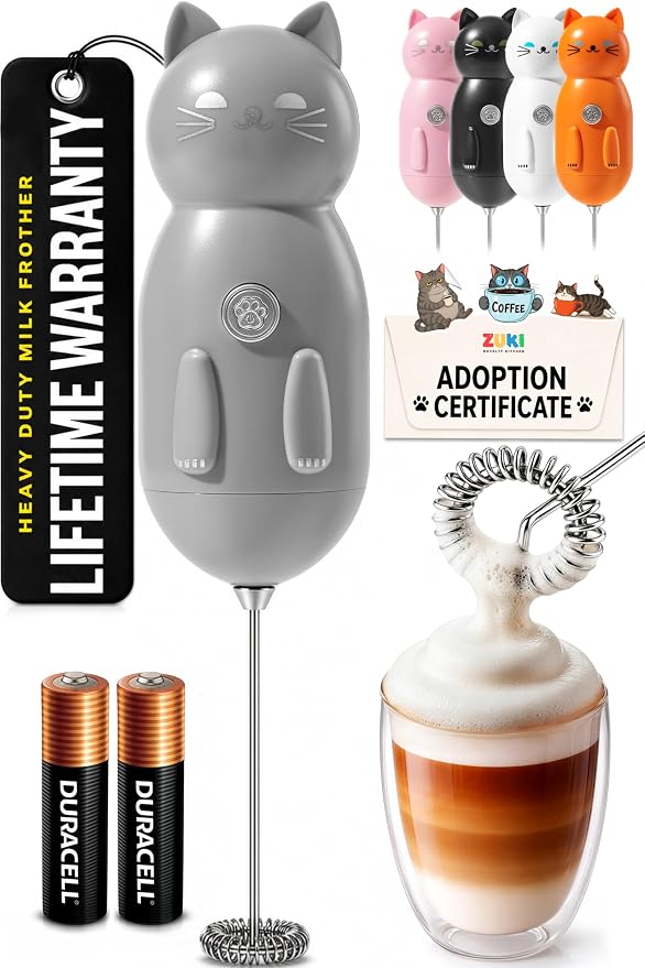 Zulay Kitchen Cat Milk Frother Wand – Cutesy Frother, Meet Your New Frothing Buddy Storm The Cat, Adoption Papers and Stickers Included, Purrr-fect for Lattes, Cappuccino & Matcha – Gray