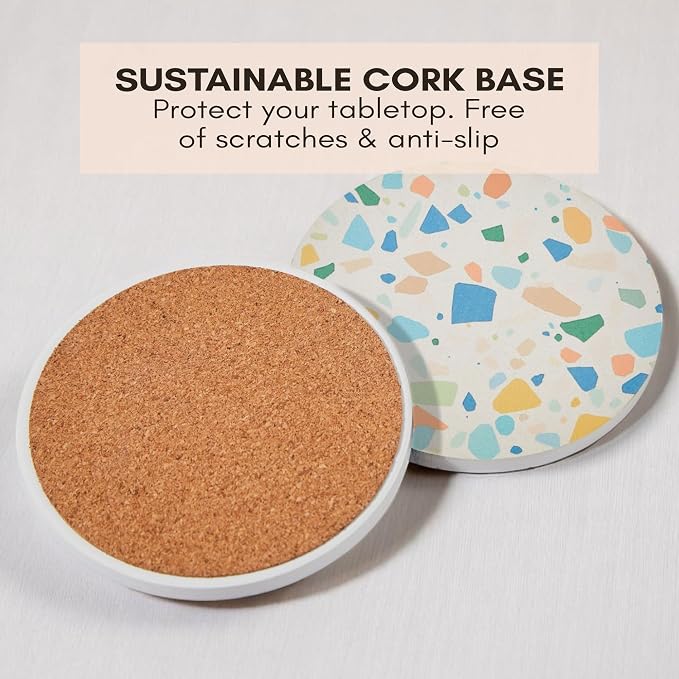 Terrazzo Coasters Set of 6, Ceramic Absorbent Drink Coasters, Cute Mid Century Boho Coaster, Coffee Table Desk Decor, Colorful Stone Coaster for Drinks