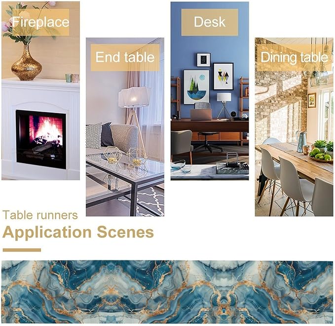 Marble Table Runner, Abstract Gold and Blue Modern Luxury Texture Pattern Printed Linen Table Runners for Kitchen Living Room Farmhouse Dining Room Party Holiday Home Decor 13" W x 36" L