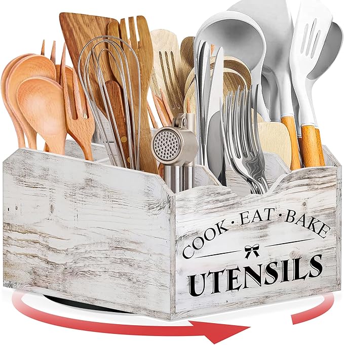 [Upgraded] Extra Large Kitchen Utensil Holder for Countertop with 360° Rotating Base, 6 Compartments, Removable Divider, Wooden Utensil Organizer for Countertop, Farmhouse Kitchen Decor