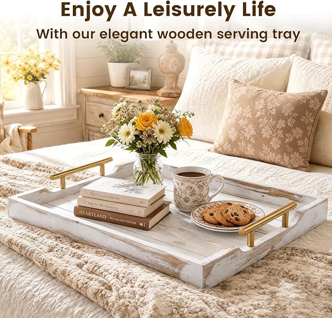 Wood Serving Tray with Metal Handles, 17x13in Large Wooden Tray for Ottoman, Coffee Table, Breakfast, Dinner & Bar, Decorative Tray for Living Room, Bedroom, Bathroom and Kitchen, Off-White
