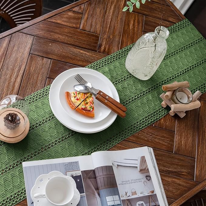 Macrame Table Runner Green Boho Table Runners with Tassels Hand Woven Cotton Table Runner Rustic Farmhouse Table Runners for Bohemian Kitchen Dining Table(12x108in)