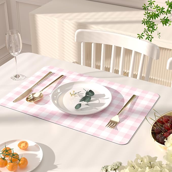 QiyI Placemats Set of 6, 12x18 Inch Faux Leather Place Mats for Kitchen Dinning, Heat Resistant Anti Slip Grid Table Mats, Waterproof Wipeable Washable Placemat Party Table Décor, Pink Gingham Check