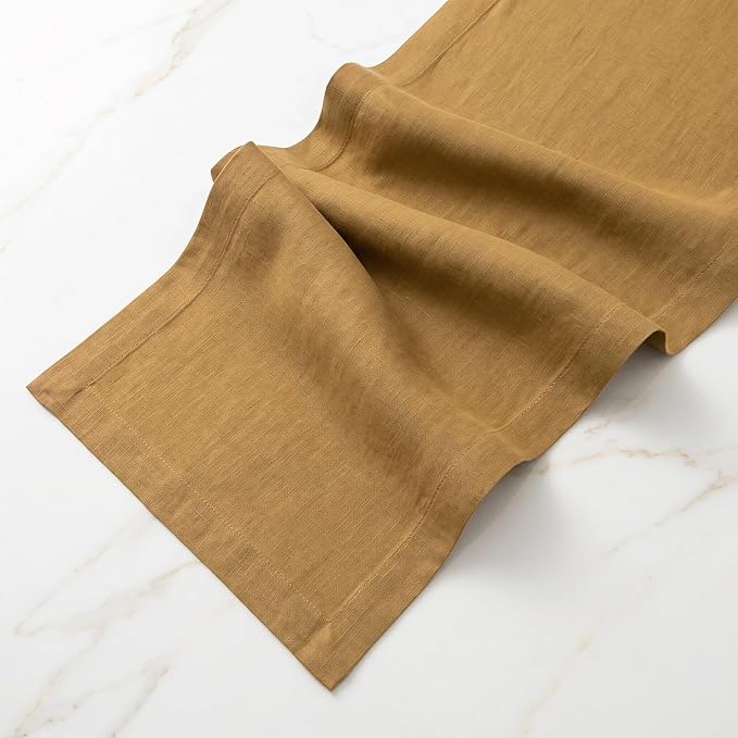 Solino Home Linen Table Runner 60 Inches - 100% Pure Linen Caramel Table Runner 14 x 60 Inch Ideal for Dresser and Coffee Tables, Spring, Summer - Fete