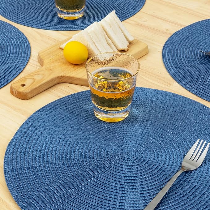 Winknowl Round Braided Placemats Set of 6 Washable Woven Heat Resistant Table Mats for Kitchen Dining Tables 15 inch Round Place Mats (Blue,6pcs)