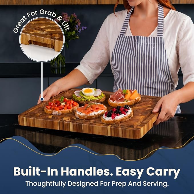 HOMESTEAD End Grain Acacia Wood Cutting Board for Kitchen 18x14x1.25 in, Large Butcher Block Chopping Board for Meat Vegetables with Juice Groove, Sorting Compartments, Handles, Knife-Friendly Surface