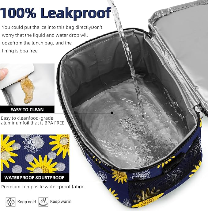 BEIMILY Lunch Box for Men/Women,Small Insulated Lunch Bag,Reusable LunchBox for work Picnic Hiking Beach,Leakproof Soft Cooler Tote Bag Organizer with Adjustable Shoulder Strap for Adults(sunflower)