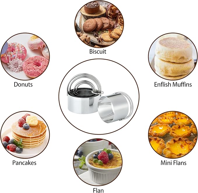 5 Pack Cookie Cutters, Round Metal Biscuit Cutter with Handle, Stainless Steel Circle Baking Tools for Dough Pastry and Cake, Dishwasher Safe