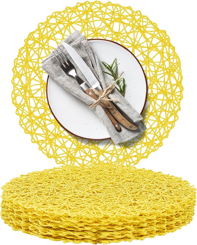 AHHFSMEI Paper Braided Round Placemats Set of 8 Natural Non-Slip Heat Resistant Table Mats for Dining Tables Woven Indoor Outdoor Place mats for(Yellow,8)