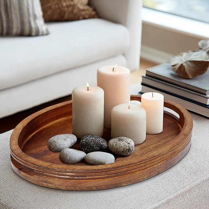 Croft&Cane Solid Wood Serving Tray - 16.75 x 12.5 Inch Oval Decorative Ottoman Tray - Hand-Carved Ribbed Design - Natural Wood Tray with Handles for Coffee Table, Kitchen, Breakfast & Décor