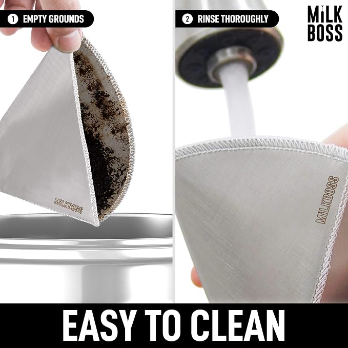Milk Boss Pour Over Coffee Filter - Permanent Paperless Stainless Steel Reusable Coffee Filter - Flexible Fine Mesh Coffee Filter Reusable For Hario, Chemex, Ovalware, and Other Carafes (Filter #1)
