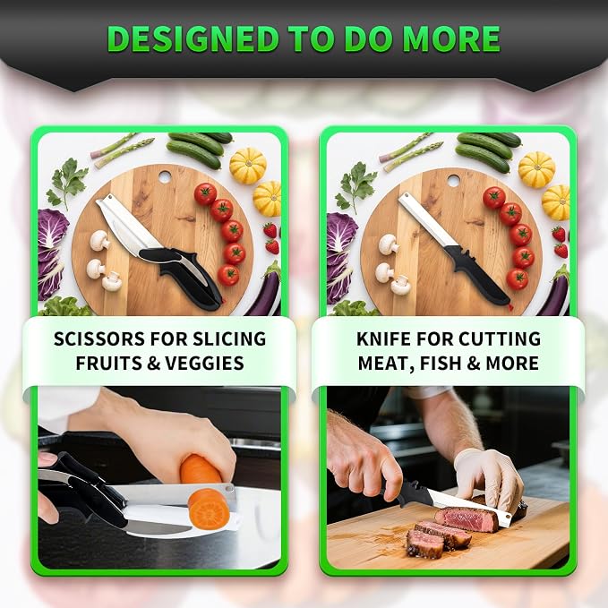 DZ Duozhan Food Cutting Scissors with Built-in Chopping Board - Premium Stainless Steel Kitchen Shears for Vegetables Fruits Meat Poultry - 2-in-1 Multi-Purpose Dishwasher Safe
