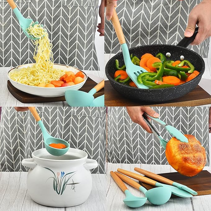 Silicone Kitchen Cooking Utensils Set,12 pcs Non-stick Silicone Kitchen Utensils Set 446°F Heat Resistant, BPA Free, Stirring cooking Set Spatula Turner Spoon Tongs Whisk(Dark Green)
