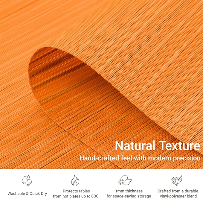 AHHFSMEI Placemats Set of 6 Woven Vinyl Non-Slip Heat Resistant Stain Resistant Easy Clean Place mats for Dining Table(Orange)