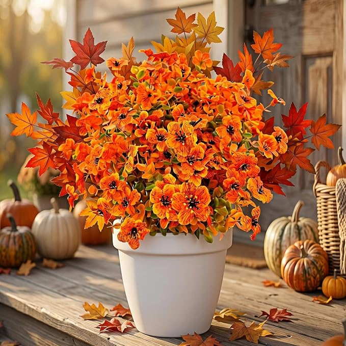 10Pcs Artificial Fall Flowers Outdoor UV Resistant, Faux Mums Orange Silk Flowers with 3-Tone Maple Leaves for Porch Planters, Thanksgiving Autumn Harvest Decor, 14 Inch