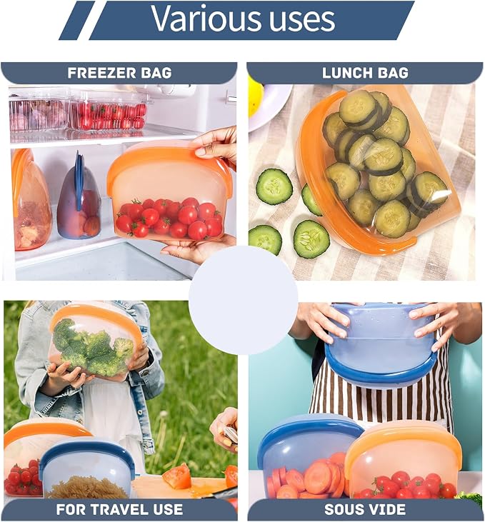 Platinum Silicone Reusable Food Storage Bags 34oz/17oz 2pcs,Blue/Orange Leakproof Seal Stand-Up Dishwasher & Microwave Safe, BPA Free, Silicone Snack Bags