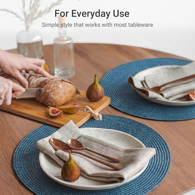 FunWheat Round Braided Placemats Set of 4 Table Mats for Dining Tables Woven Washable Non-Slip Place mats 15inch (Blue, 4pcs)