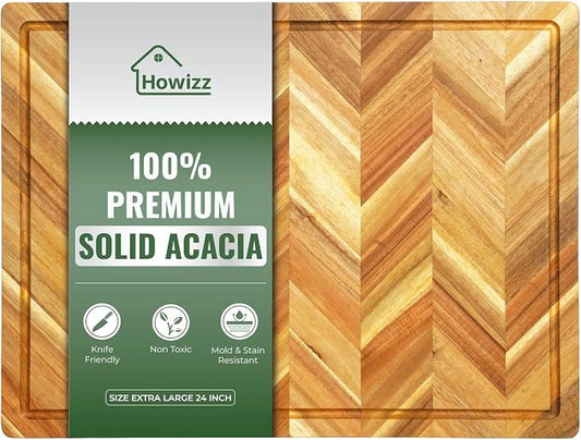 Howizz Solid Acacia Wood 24"x18" Extra Large Cutting Board, 1" Thickness Herringbone Chevron Acacia Grazing Board Large Charcuterie Serving Board, Non Toxic Natural Wood, Thick Wooden Chopping Boards