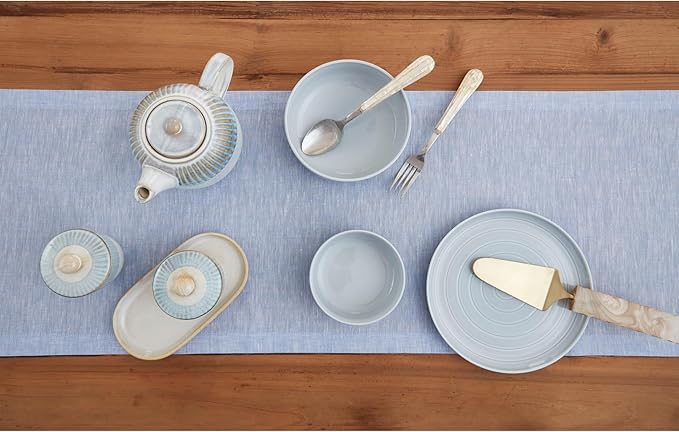 Solino Home Linen Table Runner 48 Inches - 100% Pure Linen Chambray Blue Table Runner 14 x 48 Inch Ideal for Dresser and Coffee Tables - Athena - Spring, Summer