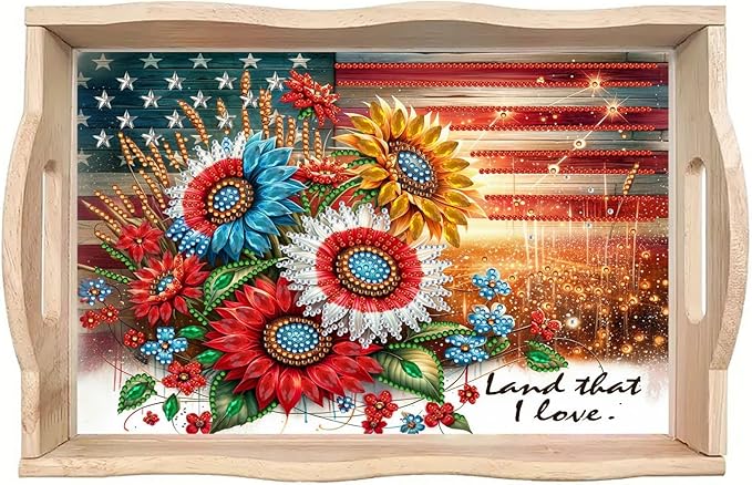 DIY Diamond Art Painting Serving Tray Creative Design Handmade Wooden Rectangular Snack Tray Dinner Plate Drill Craft for Coffee Living Room Home Organizer-USA Sunflower