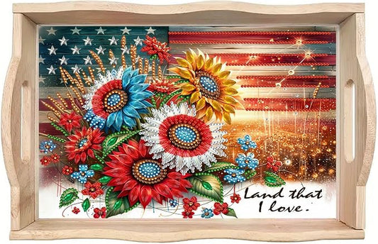 DIY Diamond Serving Tray with Handle Handmade Gem Painting Wooden Rectangular Breakfast Tray for Dinner Plate Coffee Room Living Home Organizer-USA Sunflower