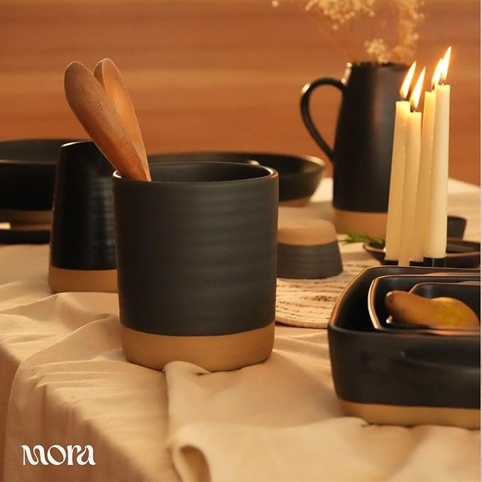 Mora Ceramic Kitchen Utensil Holder - Wooden Spoon & Spatula Crock for Countertop, Modern Farmhouse Home Decor, Large 7.3" Cooking Organizer for Stove Top and Counter - Heavy & Sturdy - Liquorice