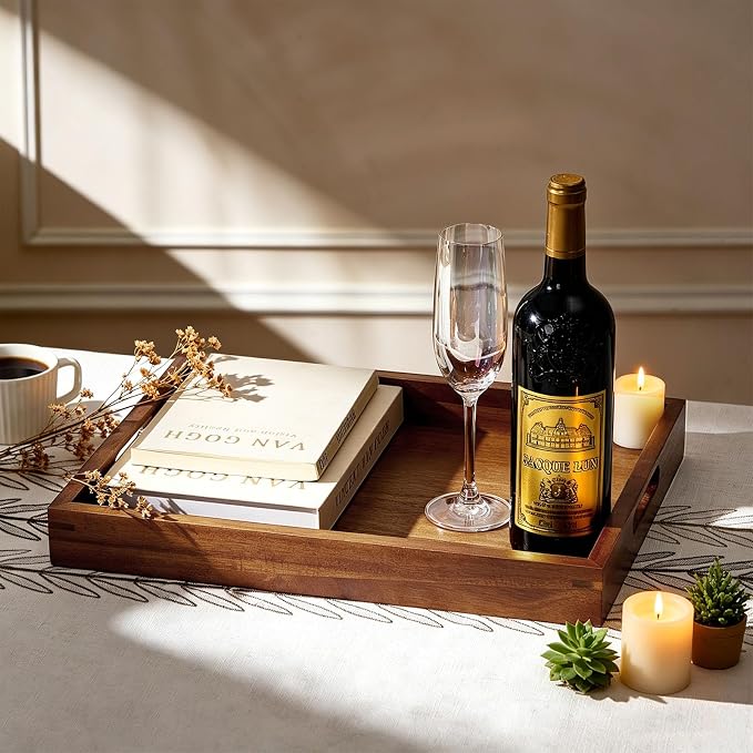Acacia Wood Serving Trays Set of 2, 17x13 & 16x12 inch Rectangular Ottoman Trays, Decorative Wooden Trays with Handles for Food, Coffee, Tea, Living Room, Kitchen(2 Pack, Brown, 17"+16")
