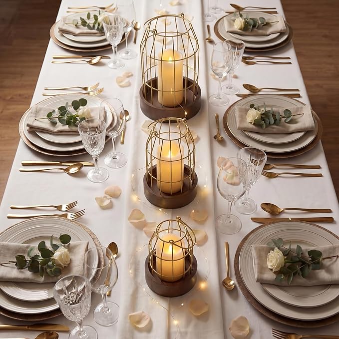 Rustic Farmhouse Lantern Decoration Set of 3, Modern Decorative Lanterns Indoor Outdoor, Metal Candle Holders for Porch Patio Fireplace Mantle Dining Room Table(Light Brown, Gold)