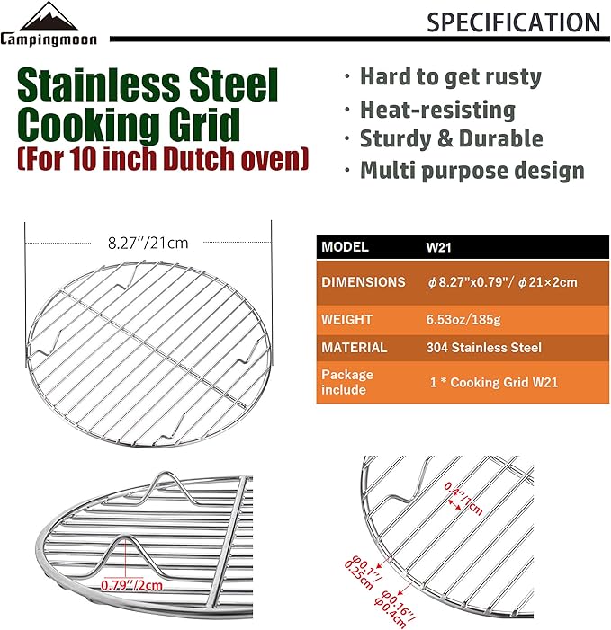CAMPINGMOON φ8.27inch/φ21cm Round Stainless Steel Roasting Baking Steaming Cooling Rack Cooking Grid Grill Fits for 10-inch Dutch Oven W21
