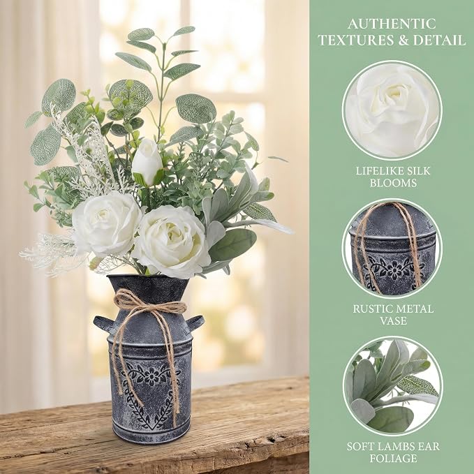 Faux Flowers in Vase 17.5" H Artificial Silk Roses Flower Fake Plants Eucalyptus Arrangement in Metal Vase Faux Silk Floral for Dining Table Centerpieces Home Office Decoration (White/Black Vase)