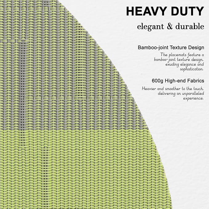 Round Placemats Set of 4, 15 Inch Woven Vinyl Heat Resistant Place Mats, Washable Non Slip PVC Table Mats for Kitchen Dining Party Outdoor Table Decor (Gray Grass Green, 4)