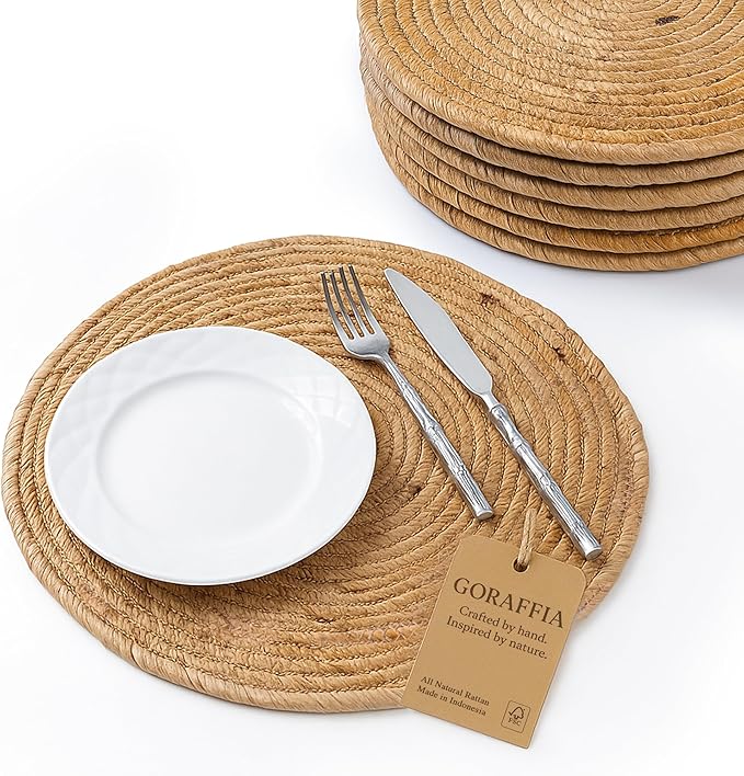 Round Woven 13" Rattan Placemats Set of 6, Made in Indonesia, Handwoven Heat-Resistant Table Mats, Eco-Friendly Boho Farmhouse Decor, Natural Wicker Chargers for Dinner Plates (Honey)