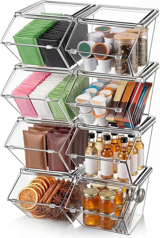 Yerliker 8 Pcs Clear Plastic Storage Bins with Lids Stackable Pantry Storage Organizer Kitchen Cabinet Organizers Ideal Containers for Coffee Pod Tea Sugar Bag Cabinet Home (Extra Large)