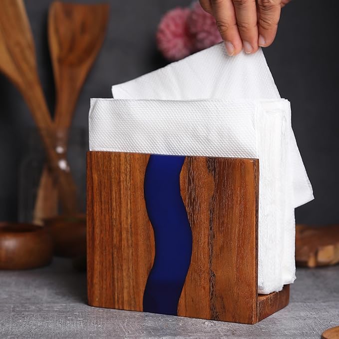 Acacia wood & Transparent Epoxy resin Napkin holder for table, Rustic farmhouse napkin organisation for kitchen, dining, counter tops, restaurant or outdoors | 6x5x2.5 inches| Blue