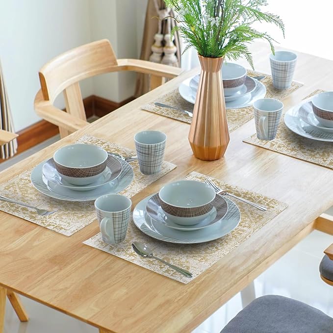 Gray Tan Boho Placemats Set of 6 Ethnic Bohemian Carpet Place Mats Washable Kitchen Dining Vintage Grey Geography Floral Linen Table Mats Stain Heat-Resistant for Home Party Indoor 12x18 in