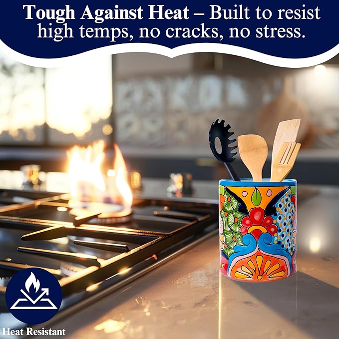 Talavera Utensil Holder - Hand Painted Ceramic Spoon Crock - Colorful Utensil Crock - Large Mexican Spoon Rest 6" H (Turquoise)