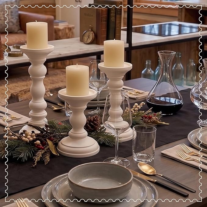 Mela Artisans 6”, 9” & 12” Mango Wood Pillar Candle Holder Set of 3 – Willow Design Matte White – Wooden Candle Holders for Table, Mantel & Living Room Décor
