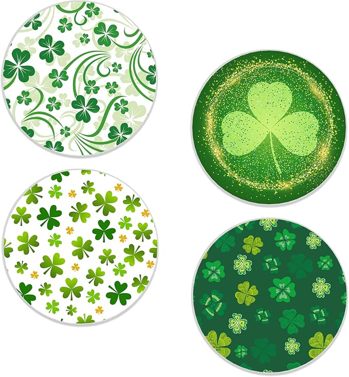 Drinks Coasters Set of 4, St. Patrick's Day Green Round 4" Cup Coasters, Absorbent Ceramic Stone Coasters with Cork Base, Cute Coasters for Table Home Décor, Ideal Gifts for Women Men