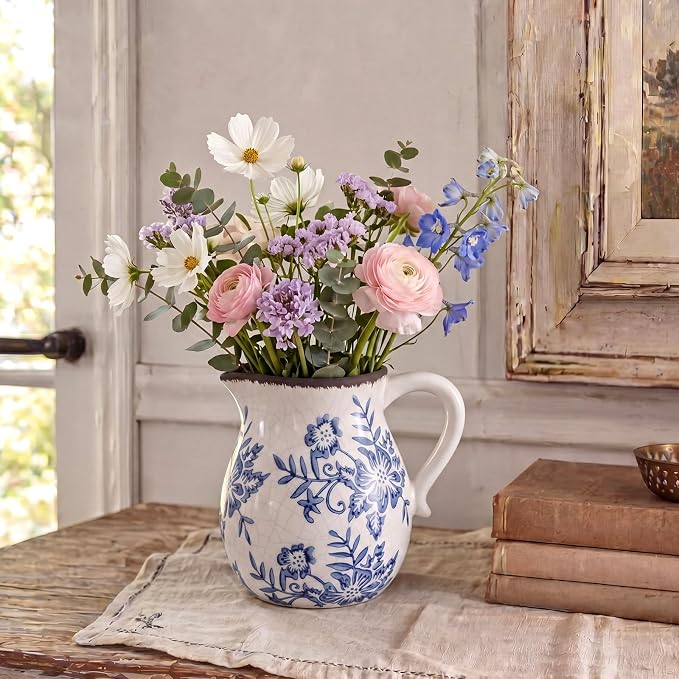 Blue Floral Ceramic Utensil Holder for Kitchen Counter, 6.69 Inch Rustic Farmhouse Cooking Utensil Holder with Handle Modern Kitchen Organizer Crock for Countertop Vintage Chinoiserie Decor