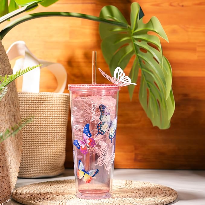 bzyoo Double Wall Tumbler with Straw and Lid Bottle Cold Drink Travel Mug Cup, 24oz (Butterfly Pink)