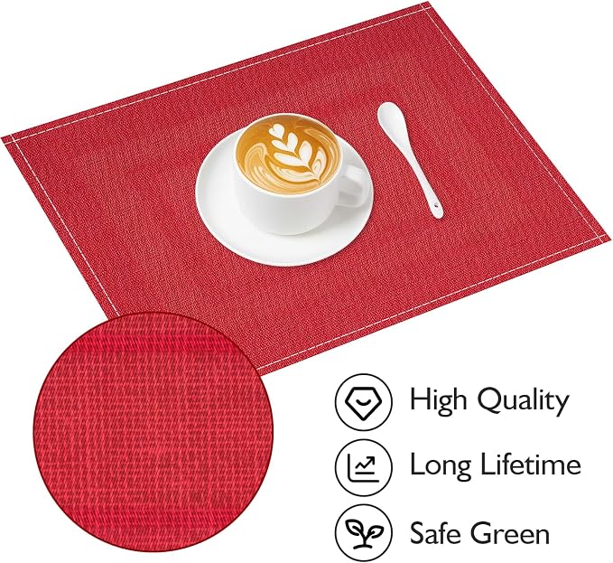 Niviy Christmas Placemats Set of 4, 12x18 Inch Rectangular Placemats for Kitchen Table, Red Placemats for Holiday Party Kitchen Dining Room Decoration