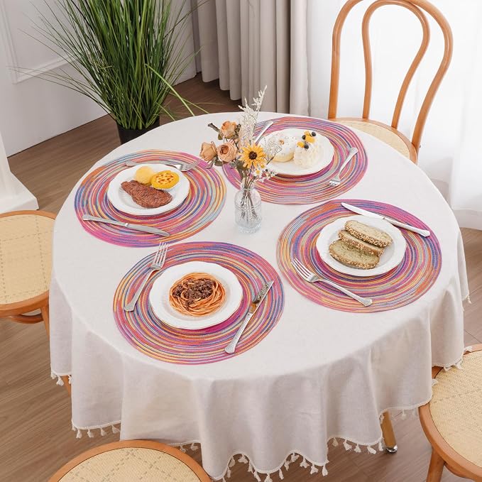SHACOS 15 inch Round Placemats Set of 6 Variegated Multicolor Place Mats Cotton Polyester Braided Non Slip Washable Heat Resistant Table Mats for Home Wedding Dinner Party Table Decor, Rainbow Pink