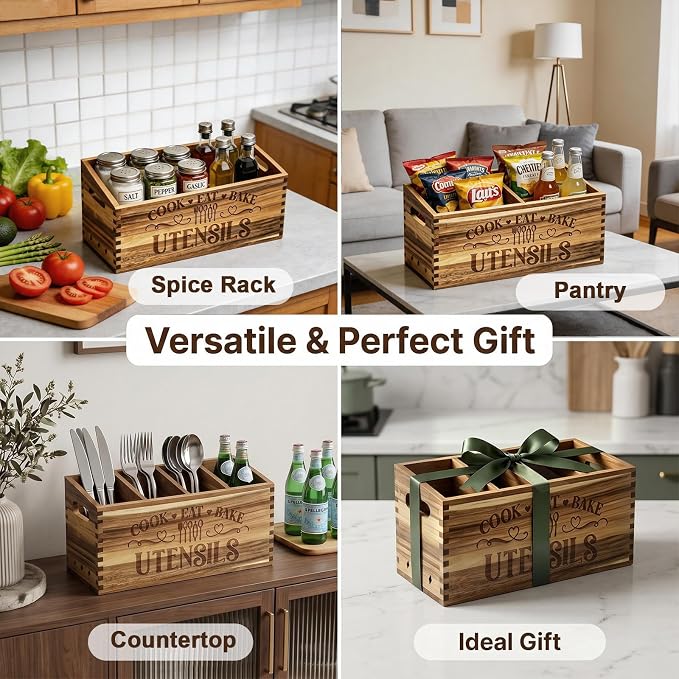 Large Acacia Wooden Utensil Holder for Kitchen Countertop | 4 Compartment Utensils Organizer Kitchen Counter Rustic Farmhouse Utensils Holder for Cooking Tools Storage Spatula Spoon