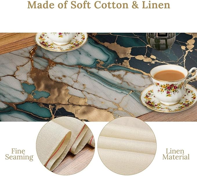 Marble Table Runner, Abstract Green and Gold Modern Luxury Texture Printed Linen Table Runners for Home Farmhouse Kitchen Dining Room Party Holiday Decor 13" W x 90" L