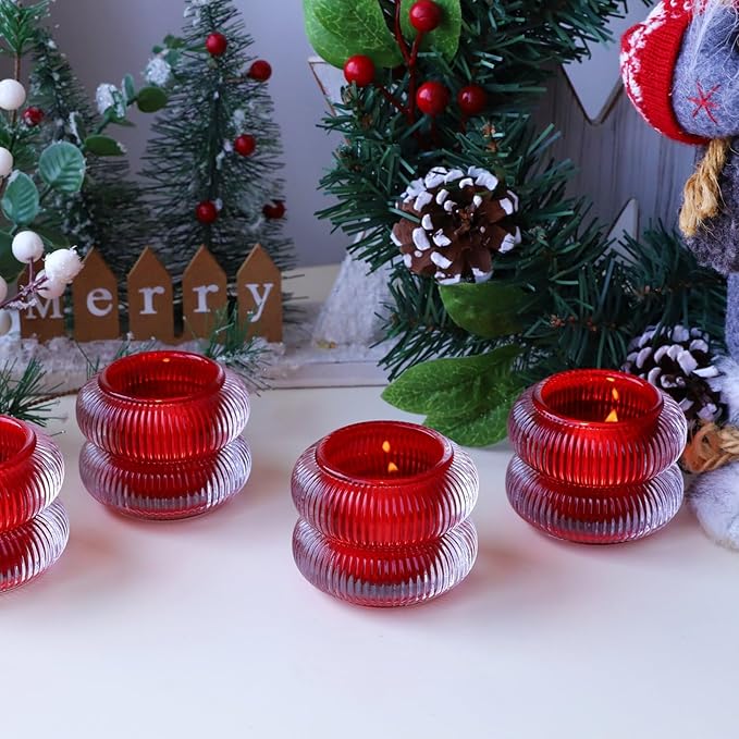 Woho Ribbed Glass Votive Candle Holders Set of 6, Red Tealight Candle Holder for Wedding Table Decor, Vintage Tea Lights Candle Holder for Christmas/Valentines Day Decorations (Red, 2.1" H X 2.75" D)