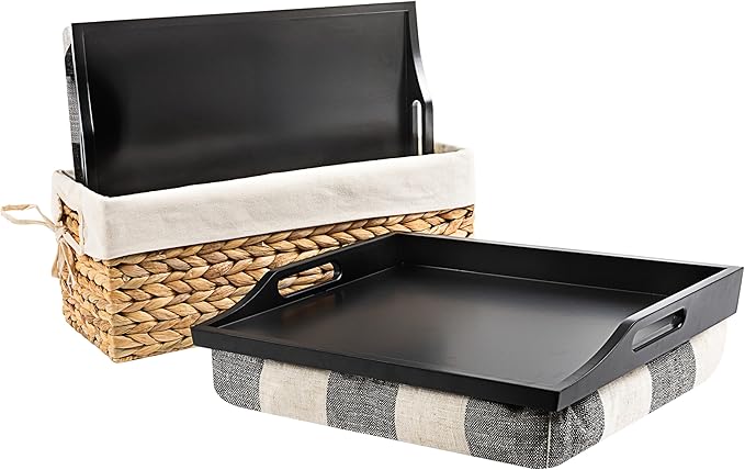 ROSSIE HOME Wood Bed Tray Lap Desk - Set of Two - with Hyacinth Storage Basket - Buffalo Check - Fits up to 15.6 Inch Laptops - Style No. 70108