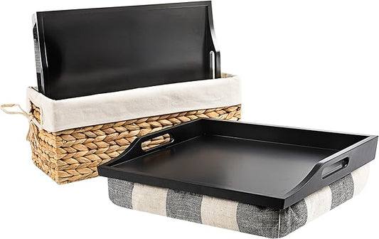 ROSSIE HOME Wood Bed Tray Lap Desk - Set of Two - with Hyacinth Storage Basket - Buffalo Check - Fits up to 15.6 Inch Laptops - Style No. 70108