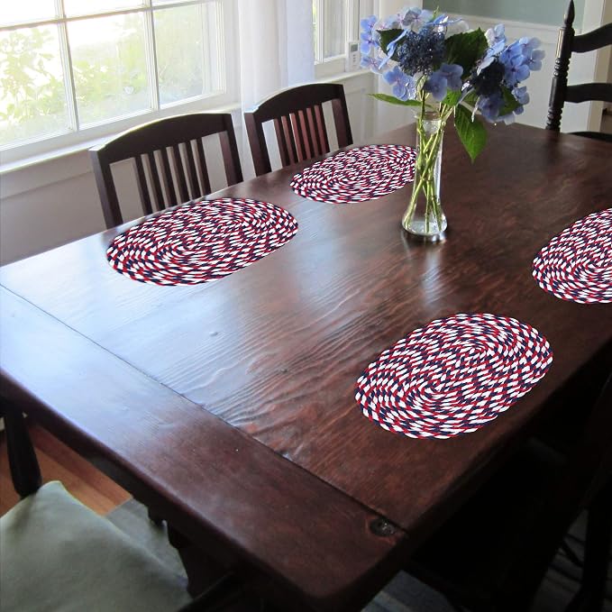 CAIT CHAPMAN HOME COLLECTION Americana July 4th 12"x18"-Oval Braided Woven Polypropylene Plastic Placemats, Set of 6