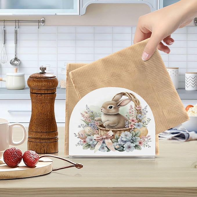 Cute Watercolour Little Rabbit Easter Napkin Holder for Tables Paper Cocktail Napkin Holders for Kitchen Dinning,Acrylic Dinner Napkin Dispenser for Restaurant Home Decor Bar Accessories 2 Pack